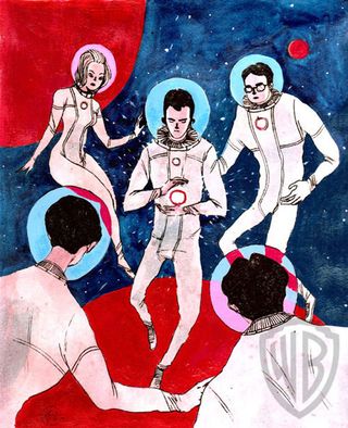 This artwork pays tribute to "The Big Bang Theory" TV show. Space, Boya Sun, 11"H x 8.5"W, watercolor, gouache, & ink transfer.