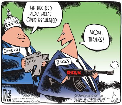 Political cartoon U.S. gun control bank overregulation Congress bump stock