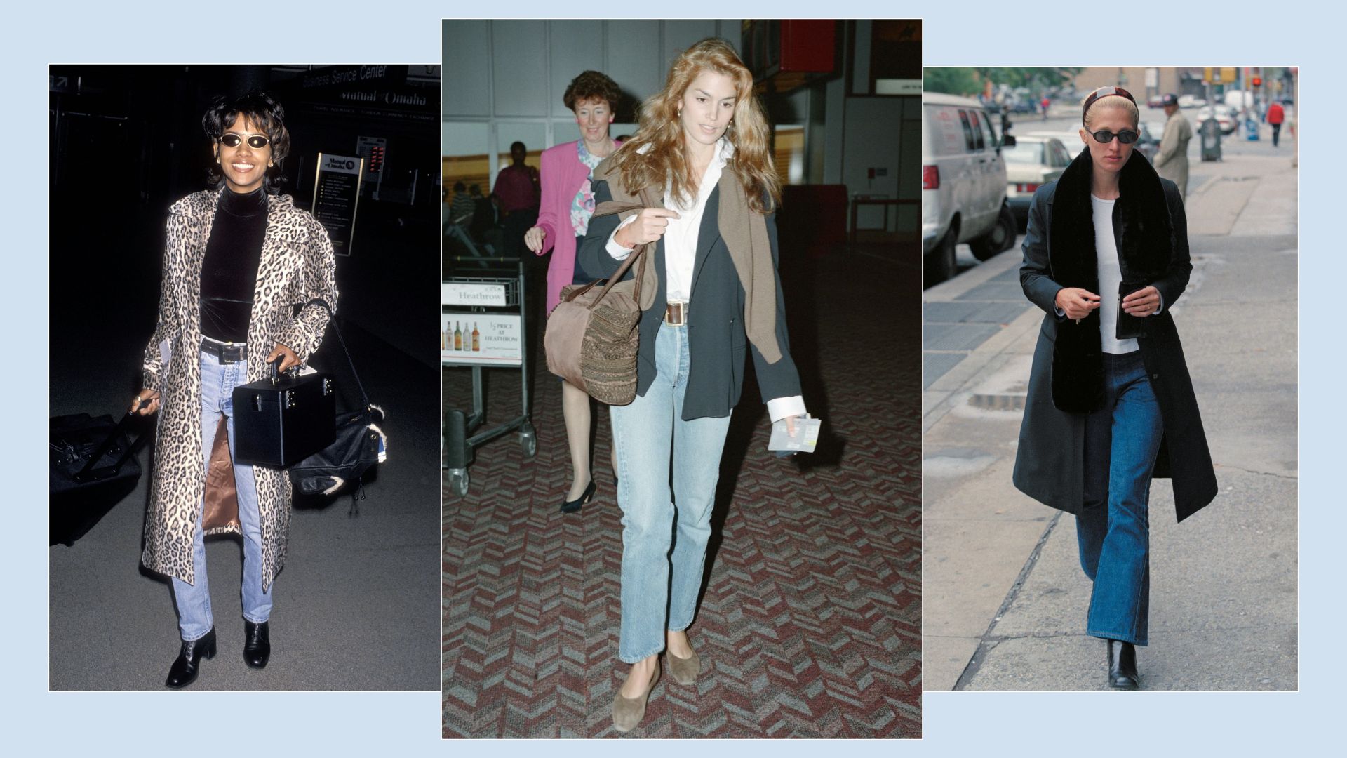 An image of Carolyn Bessette Kennedy, Cindy Crawford and Halle Berry wearing some of the biggest 90s jeans trends that are coming back for spring 2026. 