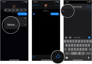 Forwarding messages, showing how to tap More..., tap the forward button, then enter a recipient