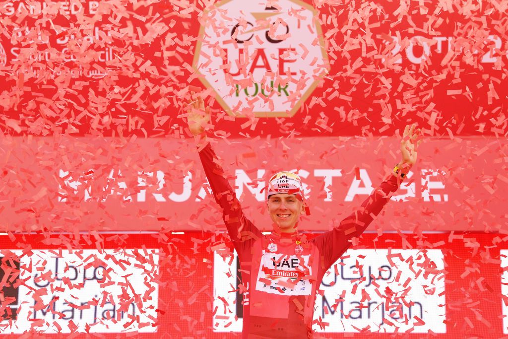 Tadej Pogacar in the UAE Tour leader's jersey