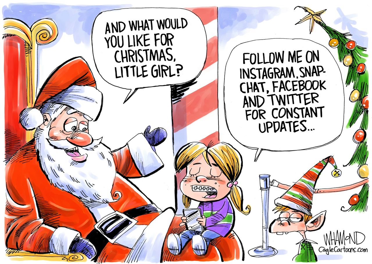 Editorial cartoon U.S. Christmas Santa kids wishlist Instagram Snapchat Facebook Twitter