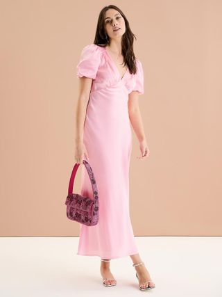 Omnes, Rosie Ruched Puff Sleeve Dress in Pink