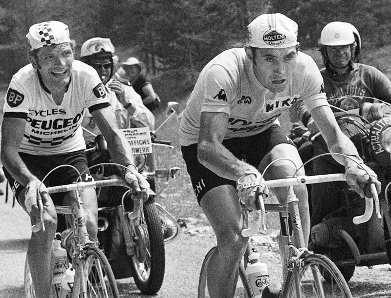 Eddy Merckx leading Bernard Th&eacute;venet on the road to Pra Loup on stage 15 of the 1975 Tour de France. It would be the 96th and final day that Merckx wore the leader's yellow jersey at the race