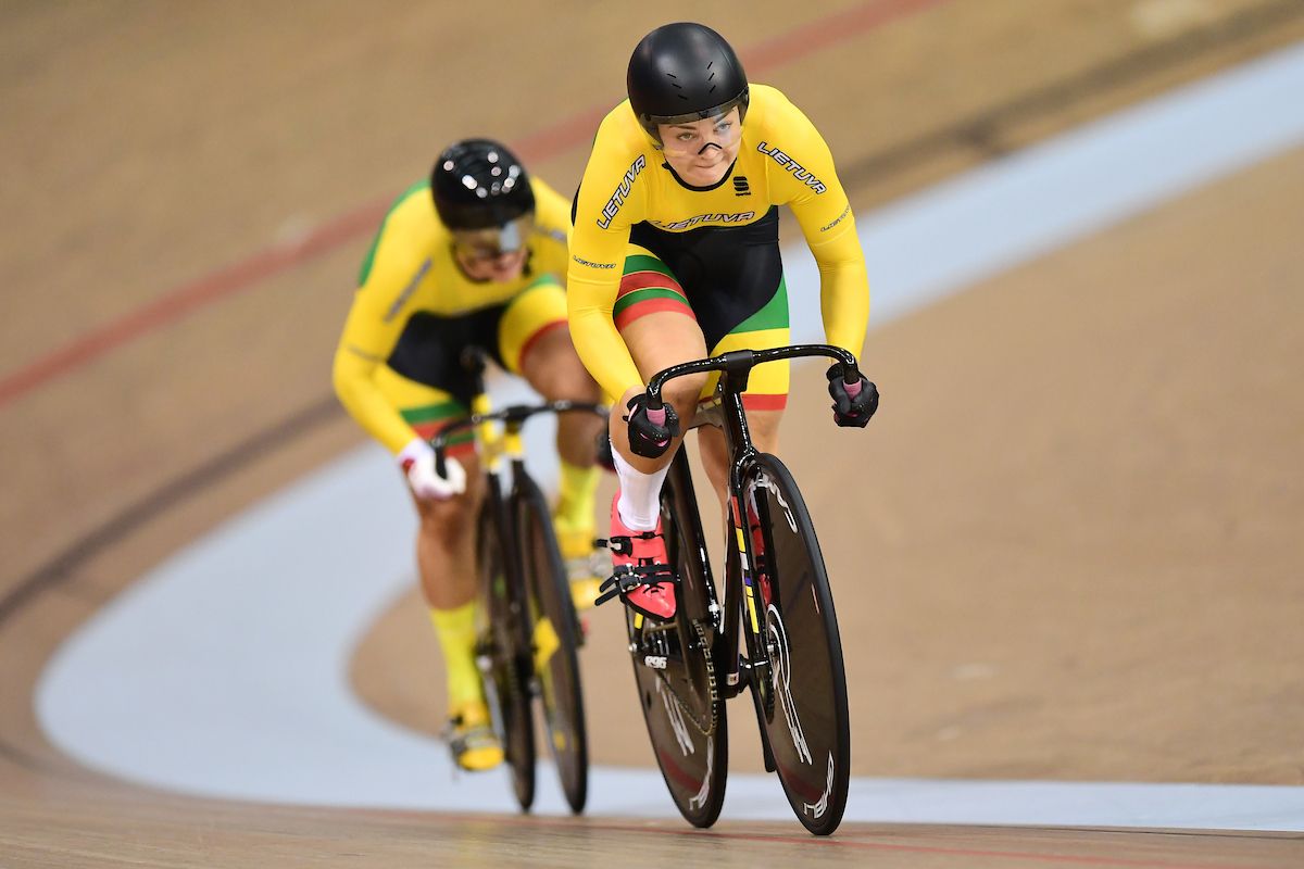 Migle Marozaite and Simona Krupeckaite of Lithuania ride in the Womens Team Sprint Qualifying