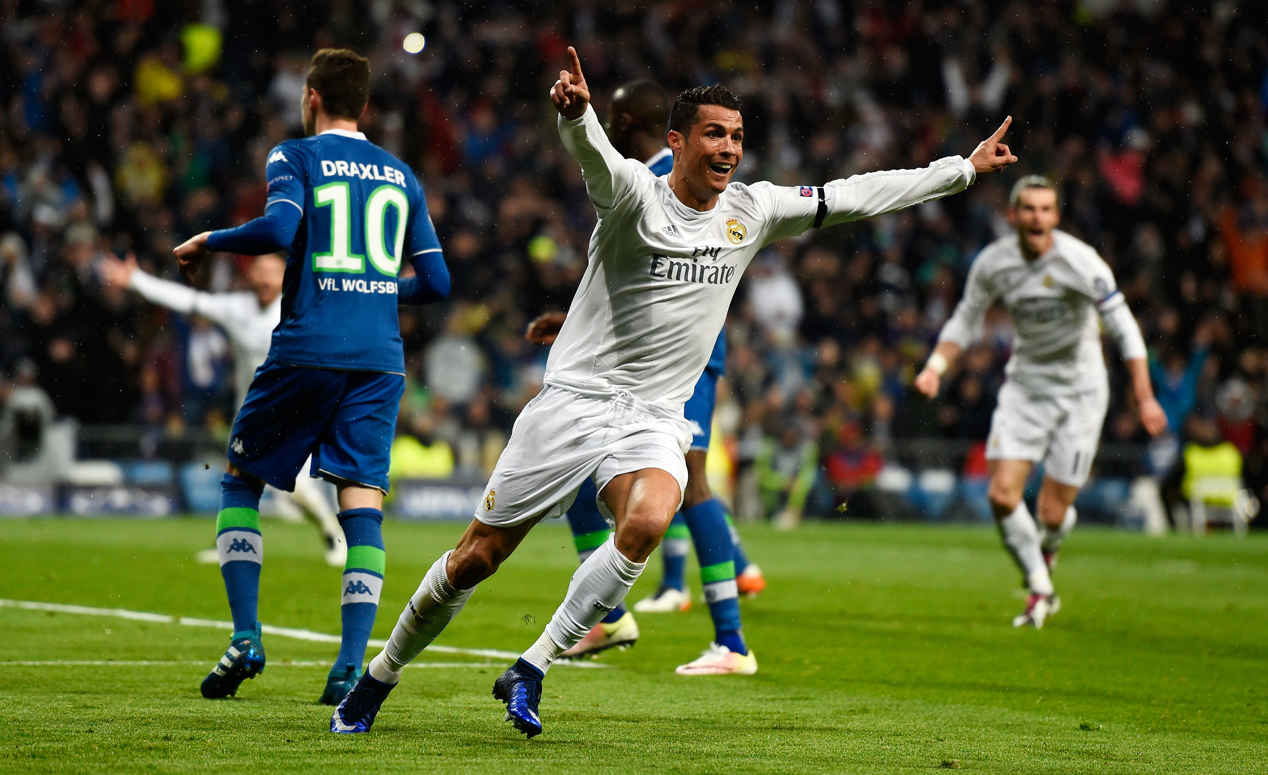 Cristiano Ronaldo celebrates after scoring Real Madrid's second goal against Wolfsburg in the Champions League in April 2016.