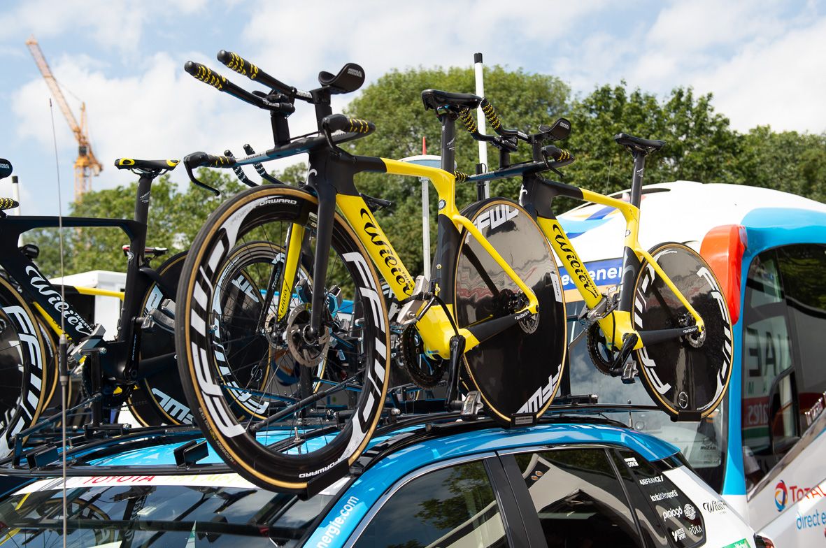 Total Direct Energie's spare bikes look to be in last season's team colours, although seemed suitable for the famous race