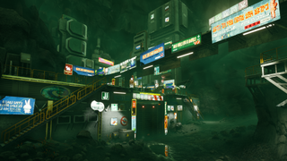 An underground cavern filled with industrial architecture and neon signs, from Hawken Reborn.