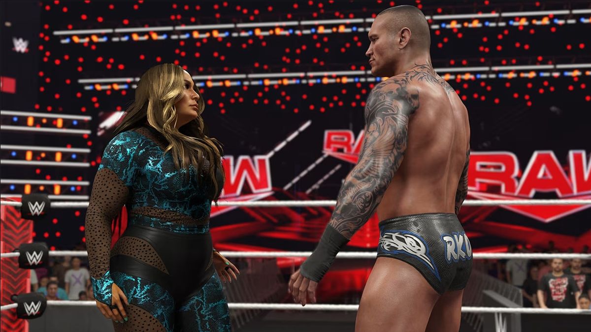 Promotional screenshot of Nia Jax vs. Randy Orton in WWE 2K25.