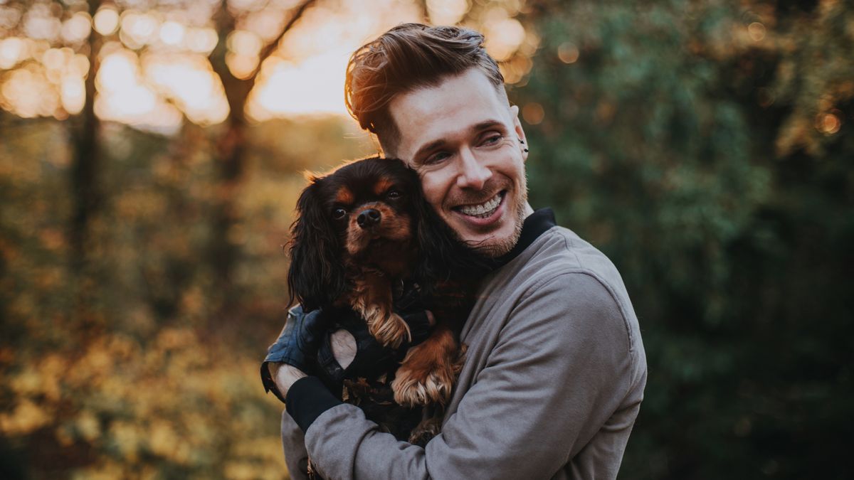 Cavalier King Charles spaniel being cuddled by man outside