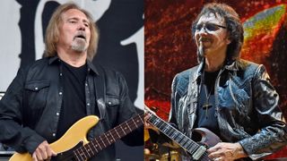 LEFT: Geezer Butler of Deadland Ritual performs during the 2019 Aftershock Music Festival at Discovery Park on October 13, 2019 in Sacramento, California. RIGHT: Tony Iommi of Black Sabbath performs onstage on "The End Tour" at Nikon at Jones Beach Theater on August 17, 2016 in Wantagh, New York. 