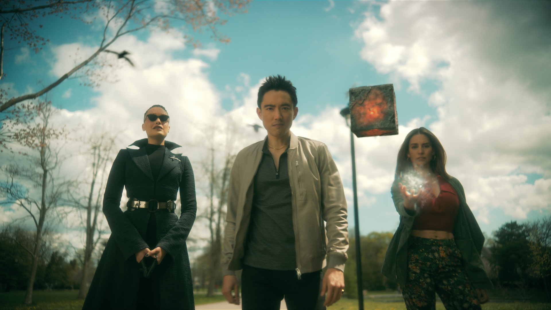 Ben, Fei, Sloane, and Christopher Hargreeves stare down at Luther in The Umbrella Academy season 3