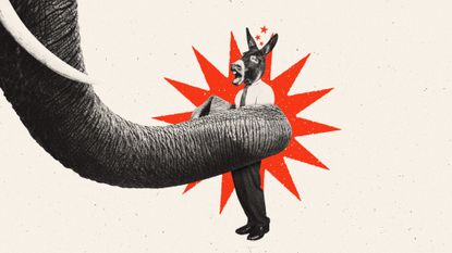 Illustration of a Democrat donkey being squeezed by a Republican elephant's trunk