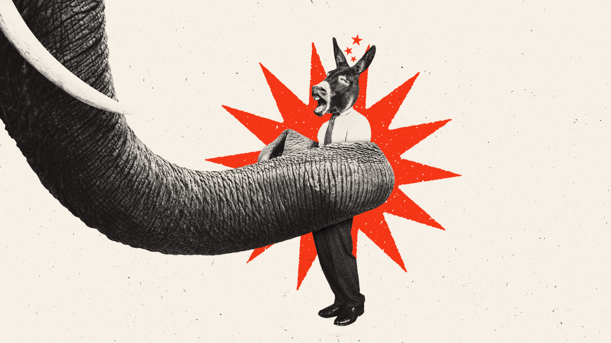 Illustration of a Democrat donkey being squeezed by a Republican elephant's trunk