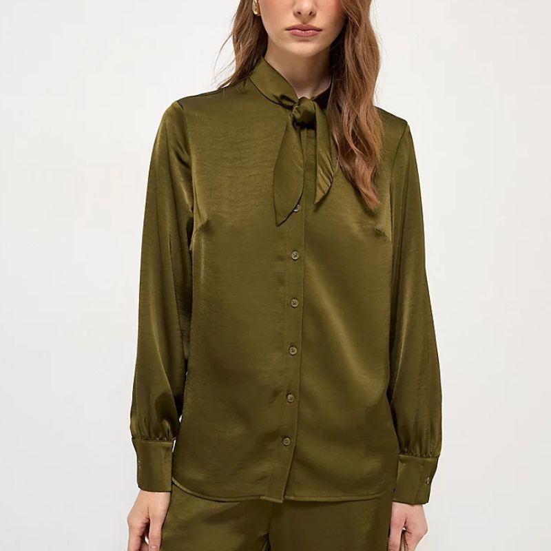 George at ASDA, Khaki Satin Tie Neck Long Sleeve Shirt