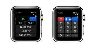 Skjermbilder fra appen PCalc på Apple Watch.