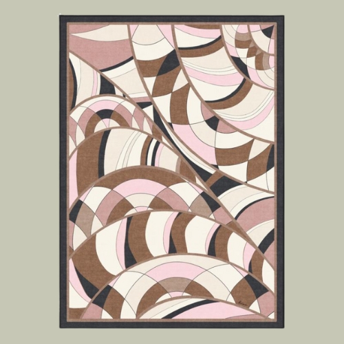 A rug with a pink, cream, brown, and black Art Deco geometric pattern on a sage green background.