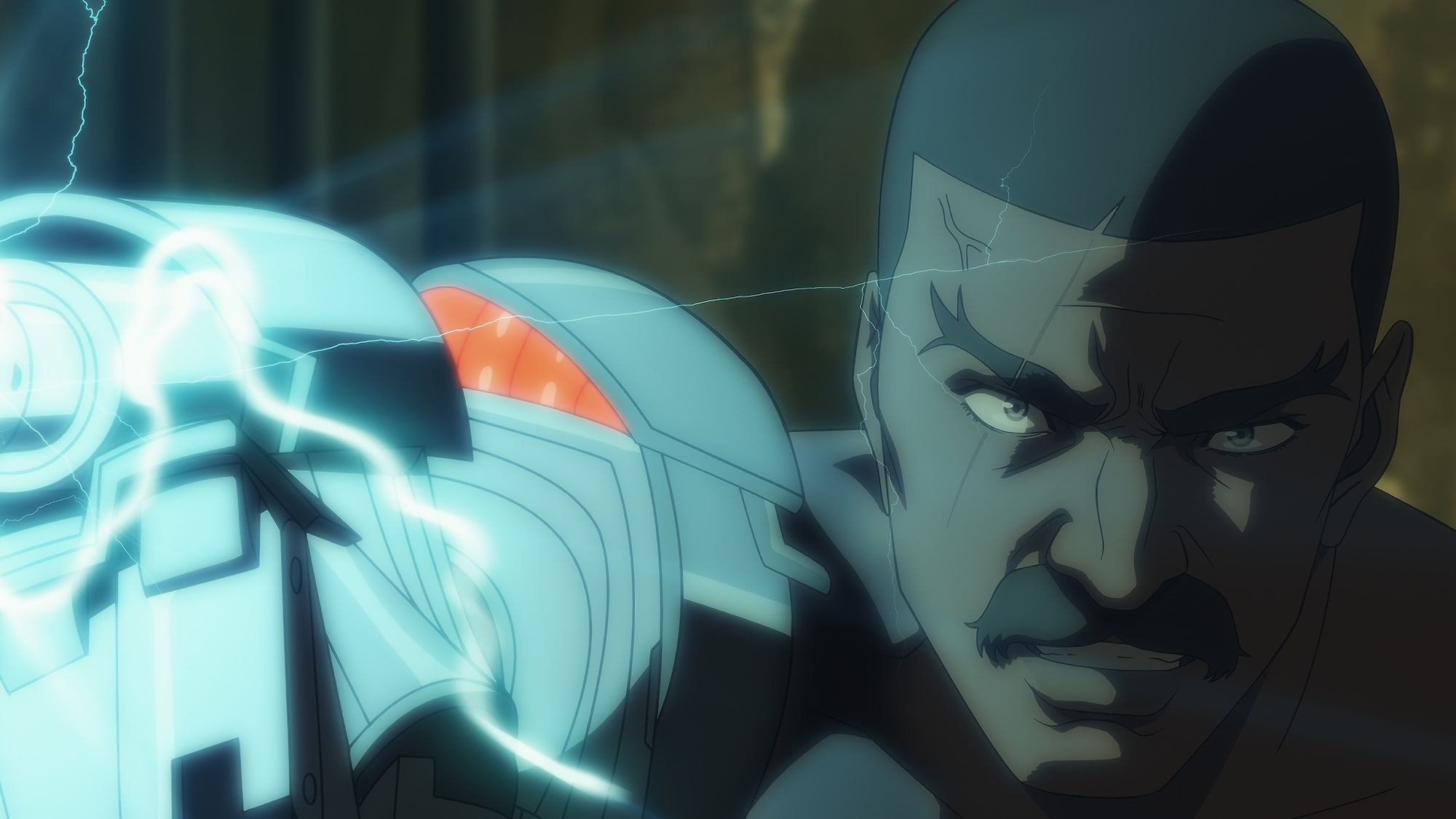 Character shooting electricity from an arm weapon in Bass X Machina