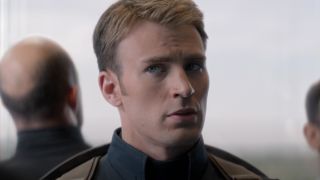A screenshot of Chris Evans as Captain America standing in an elevator in Winter Soldier.
