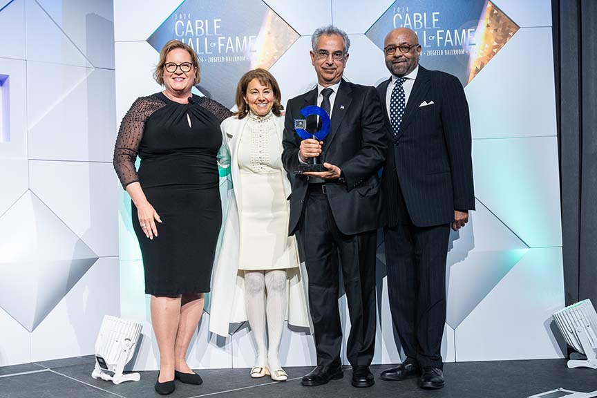 (From l.): Diane Christman, president and CEO, Syndeo Institute at the Cable Center; Nomi Bergman, president, Advance/Newhouse; inductee Rouzbeh Yassini-Fard, founder and board member, YAS Foundation; and Doug Holloway, president, Homewood Media.