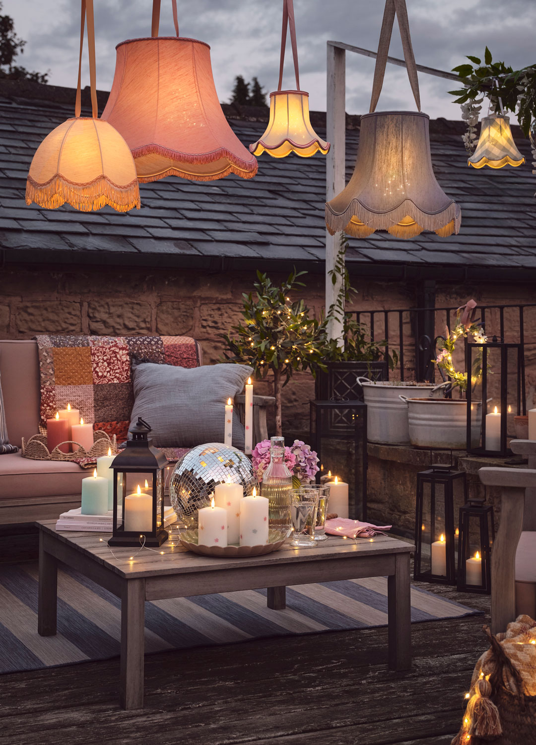 garden decking with pendant lights