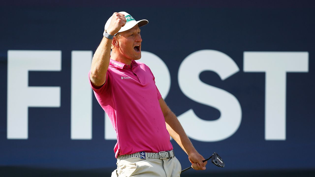 Adrian Meronk of Poland celebrates winning the 2022 ISPS HANDA Australian Open at Victoria Golf Club on December 04, 2022 in Melbourne, Australia.