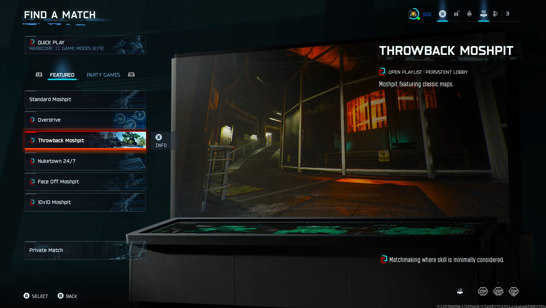 Black Ops 7 lobby showing the Throwback Moshpit playlist