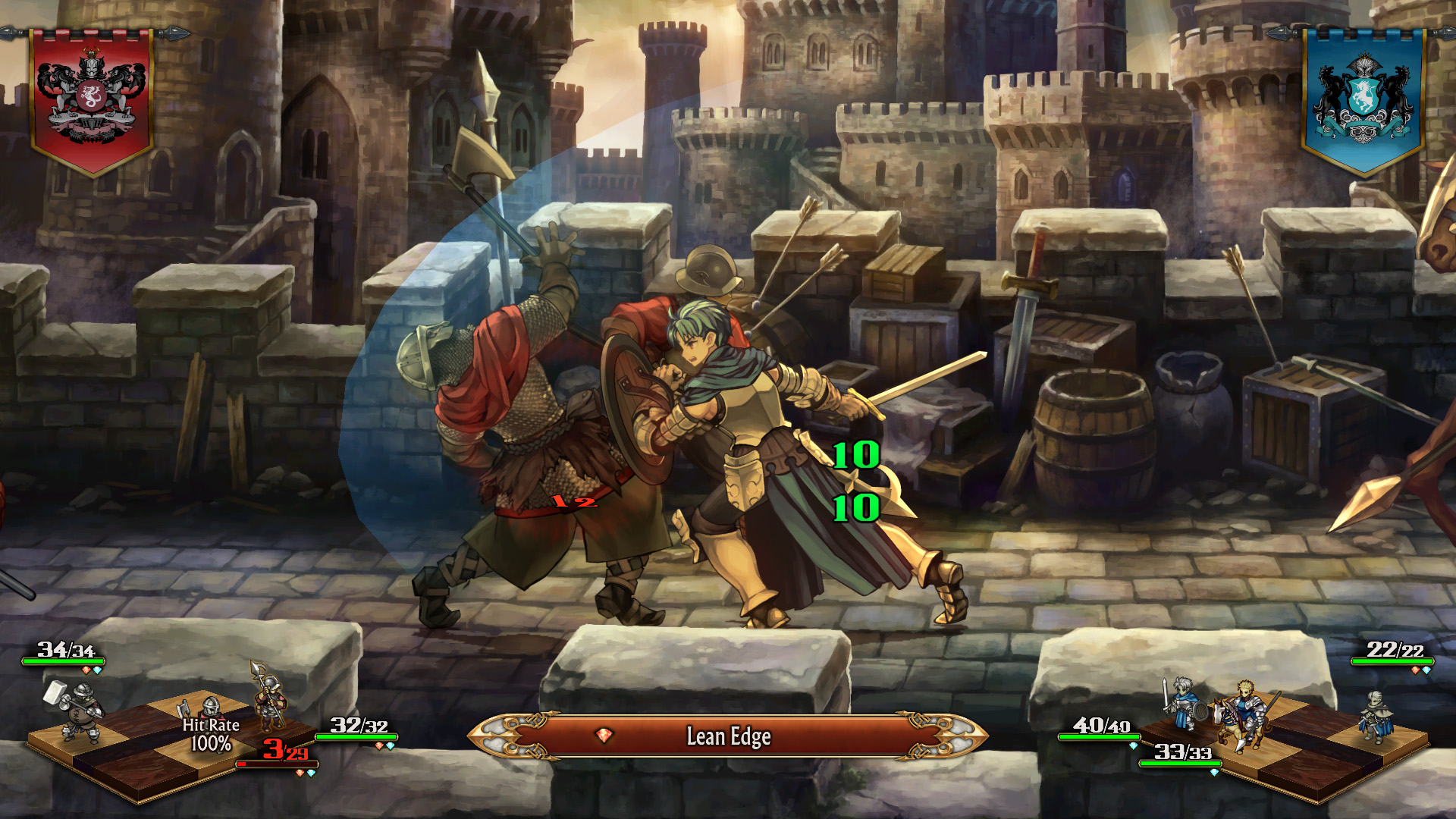 In Unicorn Overlord, a lean edge battle plays out with a blue haired armored character using his shield to strike at the enemy and push them back