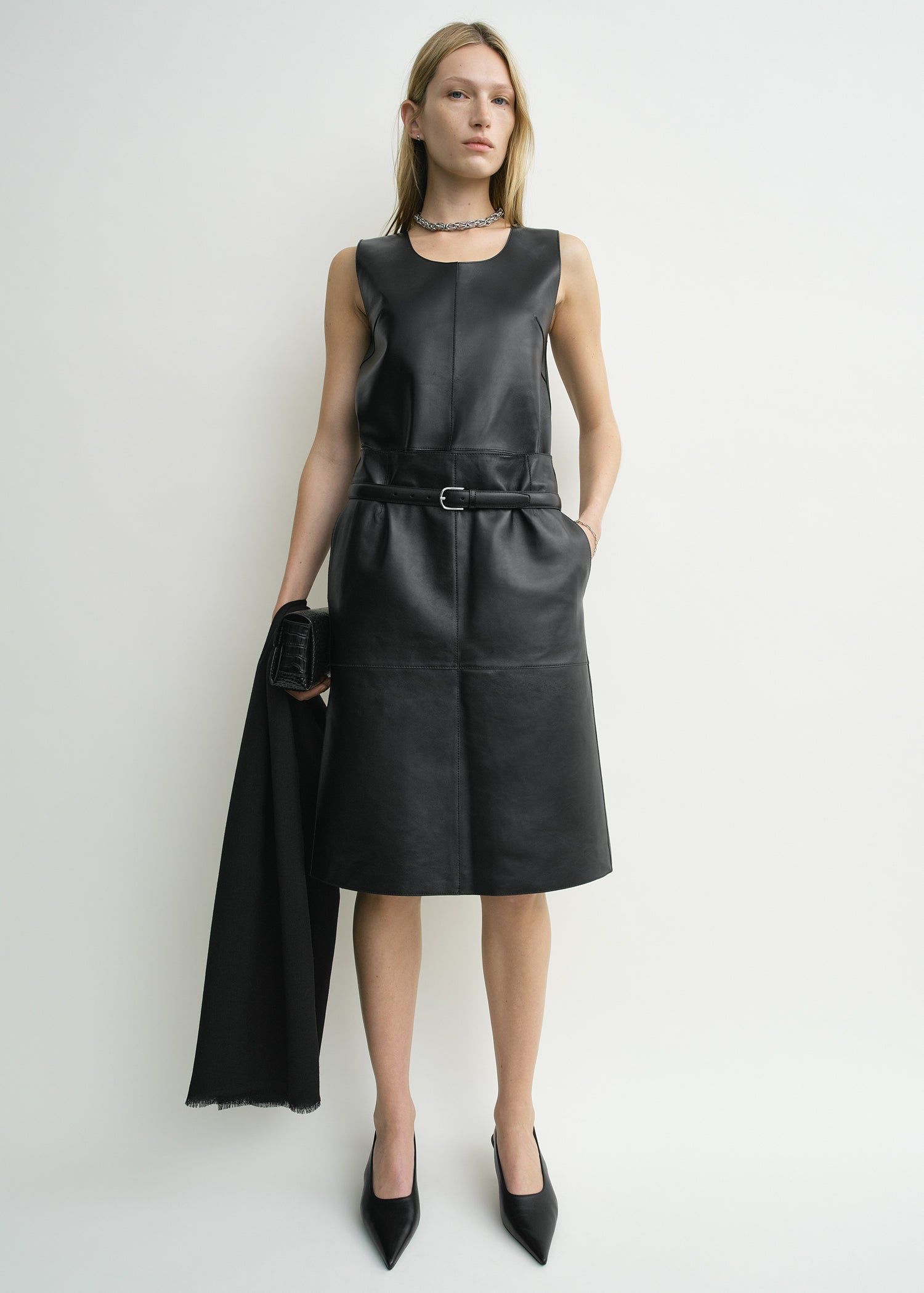 Paneled Leather Skirt Black