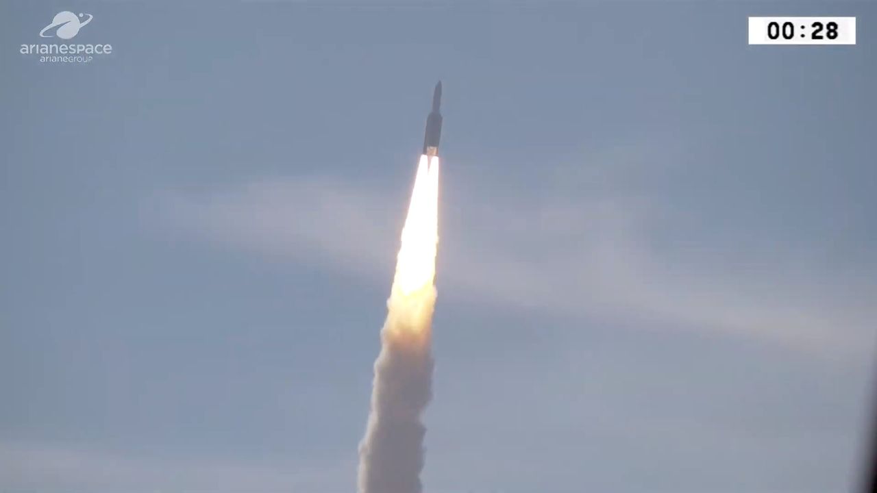 An Ariane 5 rocket designated VA249 launches the Intelsat 39 and EDRS-C communications satellites into orbit on Aug. 6, 2019.