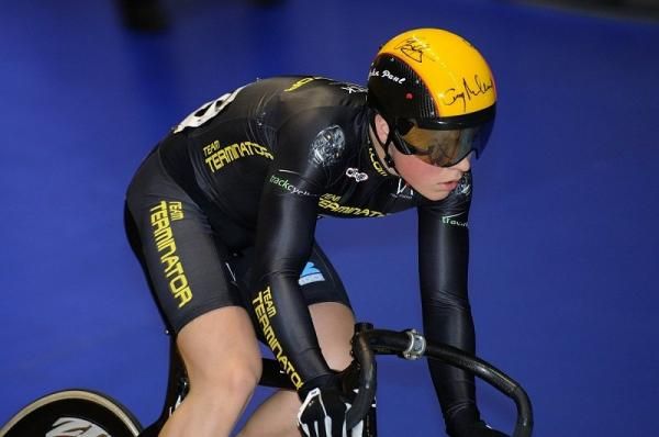 Up and coming Youth rider John Paul with a helmet signed by many famous British sprinters