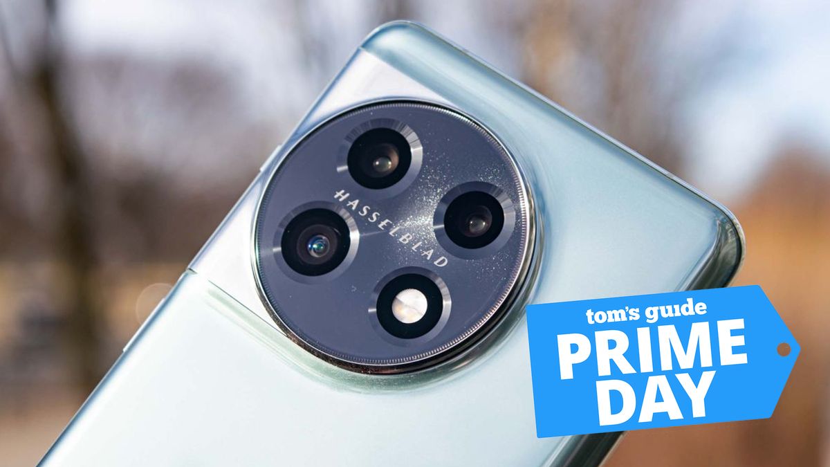 The OnePlus 11&#039;s rear camera block, with a superimposed Tom&#039;s Guide Prime Day badge