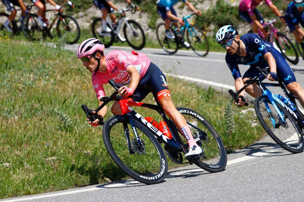 Overall leader Team Treks Spanish rider Juan Pedro Lopez rides during the 4th stage of the Giro dItalia 2022 cycling race 174 kilometers between Catania and Messina Sicily on May 11 2022 Photo by Luca Bettini AFP Photo by LUCA BETTINIAFP via Getty Images