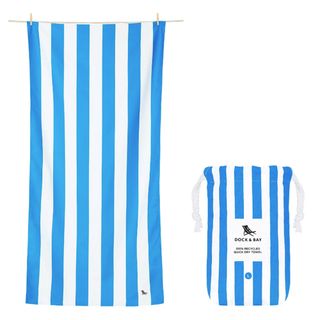 Blue and white striped towel and storage bag