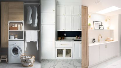 Spacious laundry room with window and lots of storage baskets