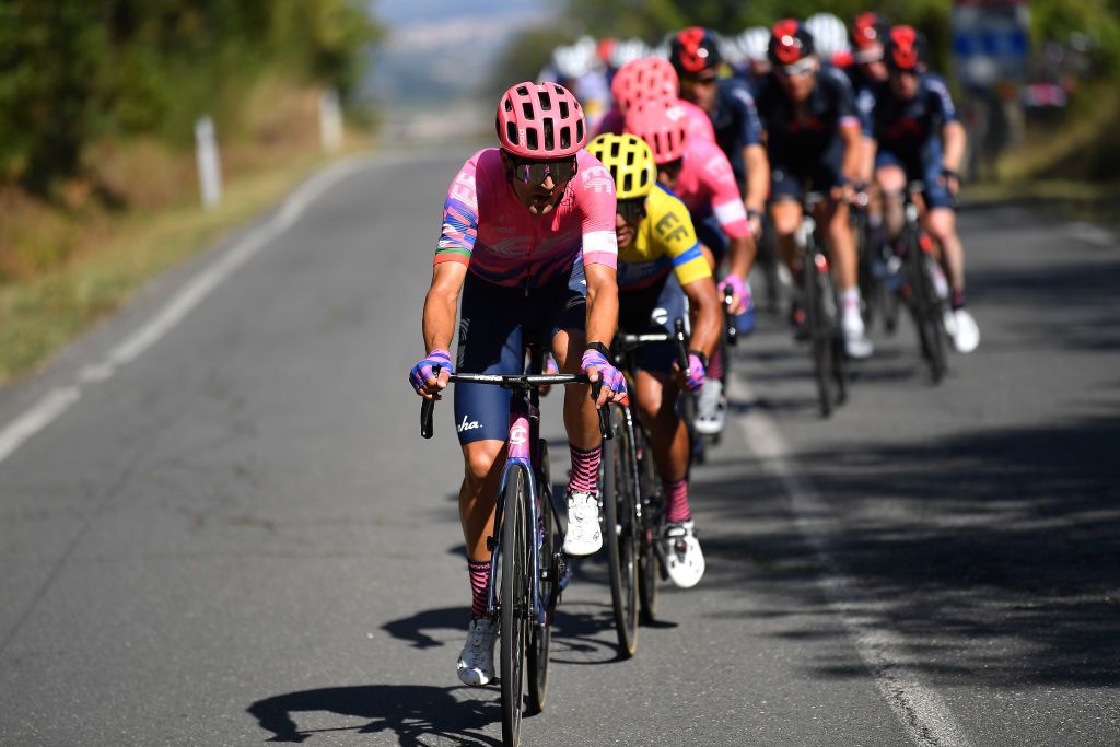 SATURNIA ITALY SEPTEMBER 09 Ruben Guerreiro of Portugal and Team EF Pro Cycling Jonathan Caicedo of Ecuador and Team EF Pro Cycling Peloton during the 55th TirrenoAdriatico 2020 Stage 3 a 217km stage from Follonica to Saturnia 294m TirrenAdriatico on September 09 2020 in Saturnia Italy Photo by Justin SetterfieldGetty Images