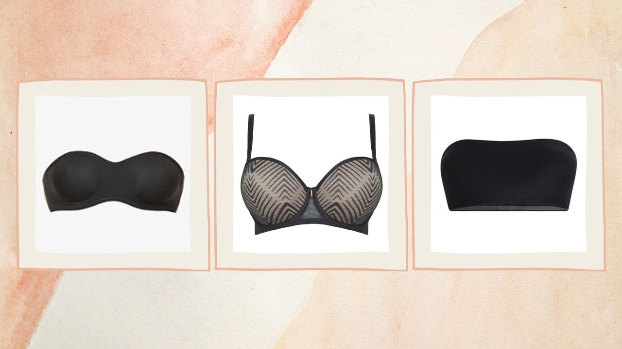 A composite image of three of the best strapless bras in woman&amp;home&#039;s guide for 2023 on a pink patterned background