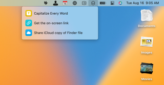 Screenshot of the Mac desktop showing the Shortcuts menu bar view open listing three shortcuts.