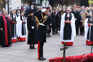 Prince Harry, Duke of Sussex salutes as he attends the field of remembrance service at Westminster Abbey on November 8, 2018 in London, England.
