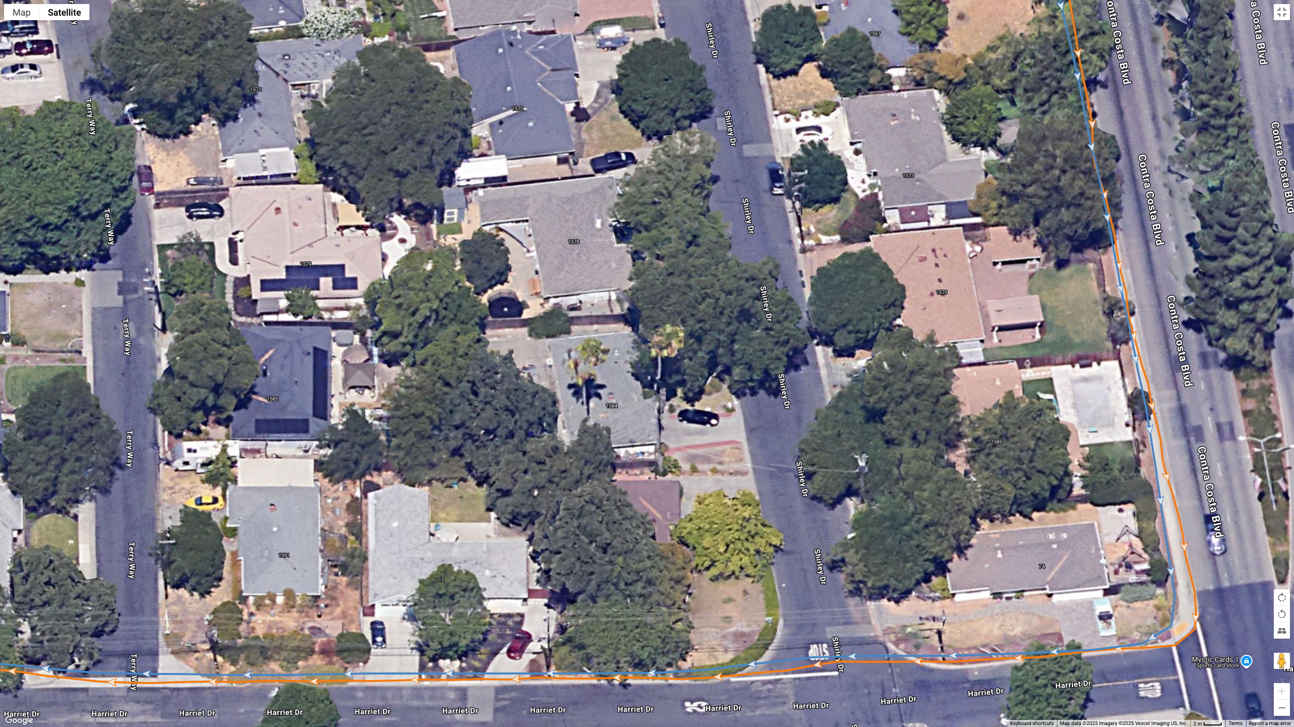 A Google Maps top-down view showing GPS lines for the Garmin Forerunner 970 (orange) and COROS PACE Pro (blue) indicating a running path. 