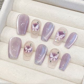 ConstArts, Handmade Purple Crystal Cat Eye White Aurora Butterfly Gold Line Press on Nails Butterfly Nails Cat Eye Nails Short Coffin Nails