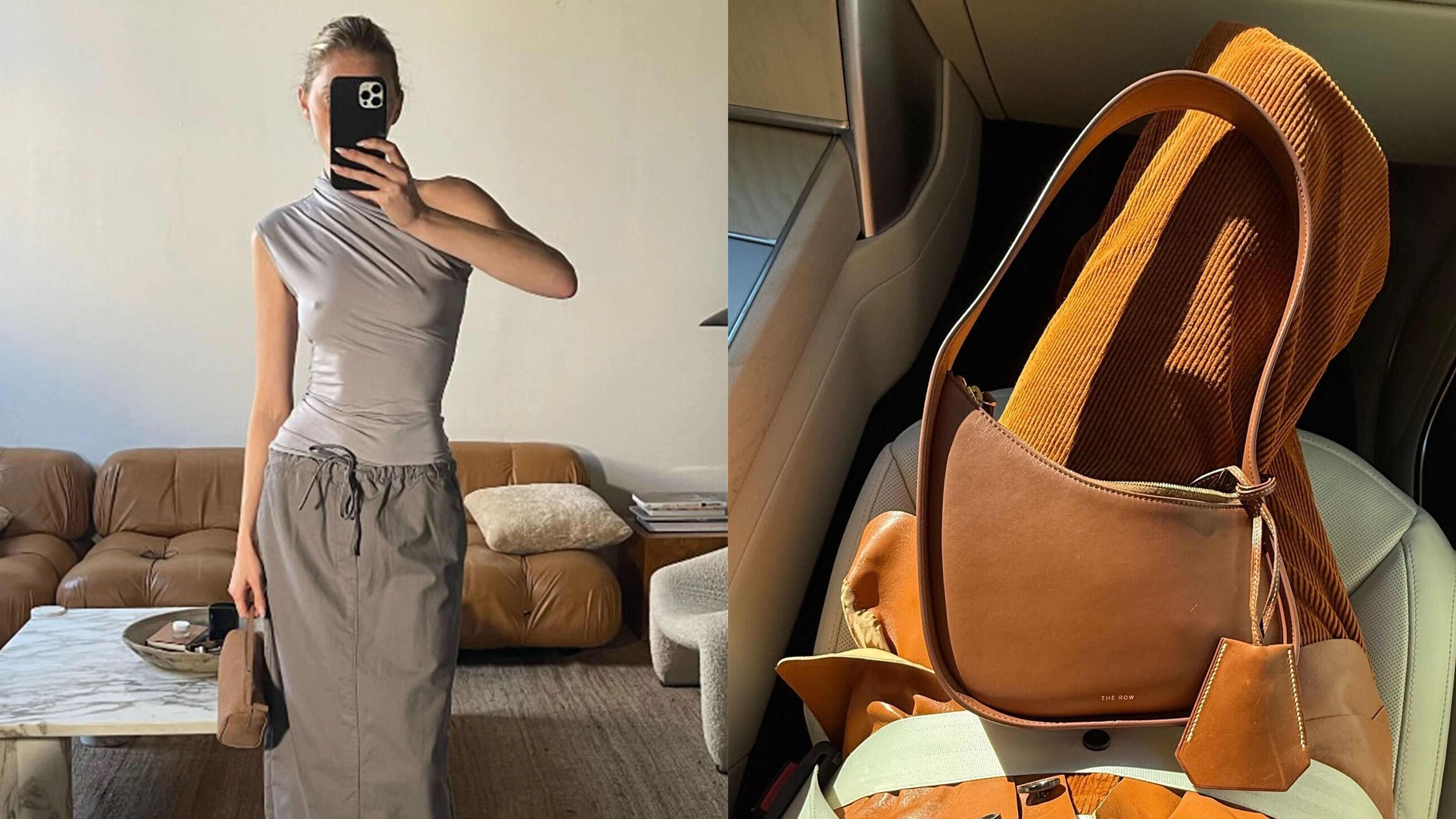 Collage of Elsa Hosk holding The Row bags.