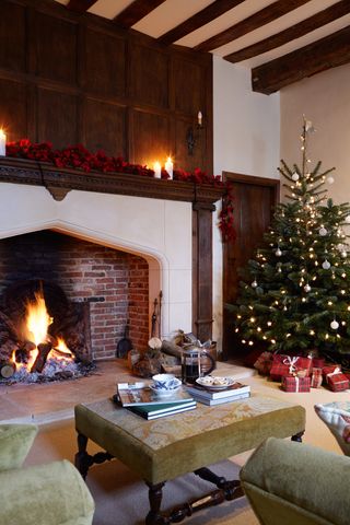 Crows Hall living room christmas with tree and fire