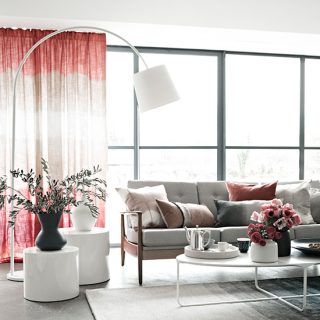 living room with coral ombre effect curtains