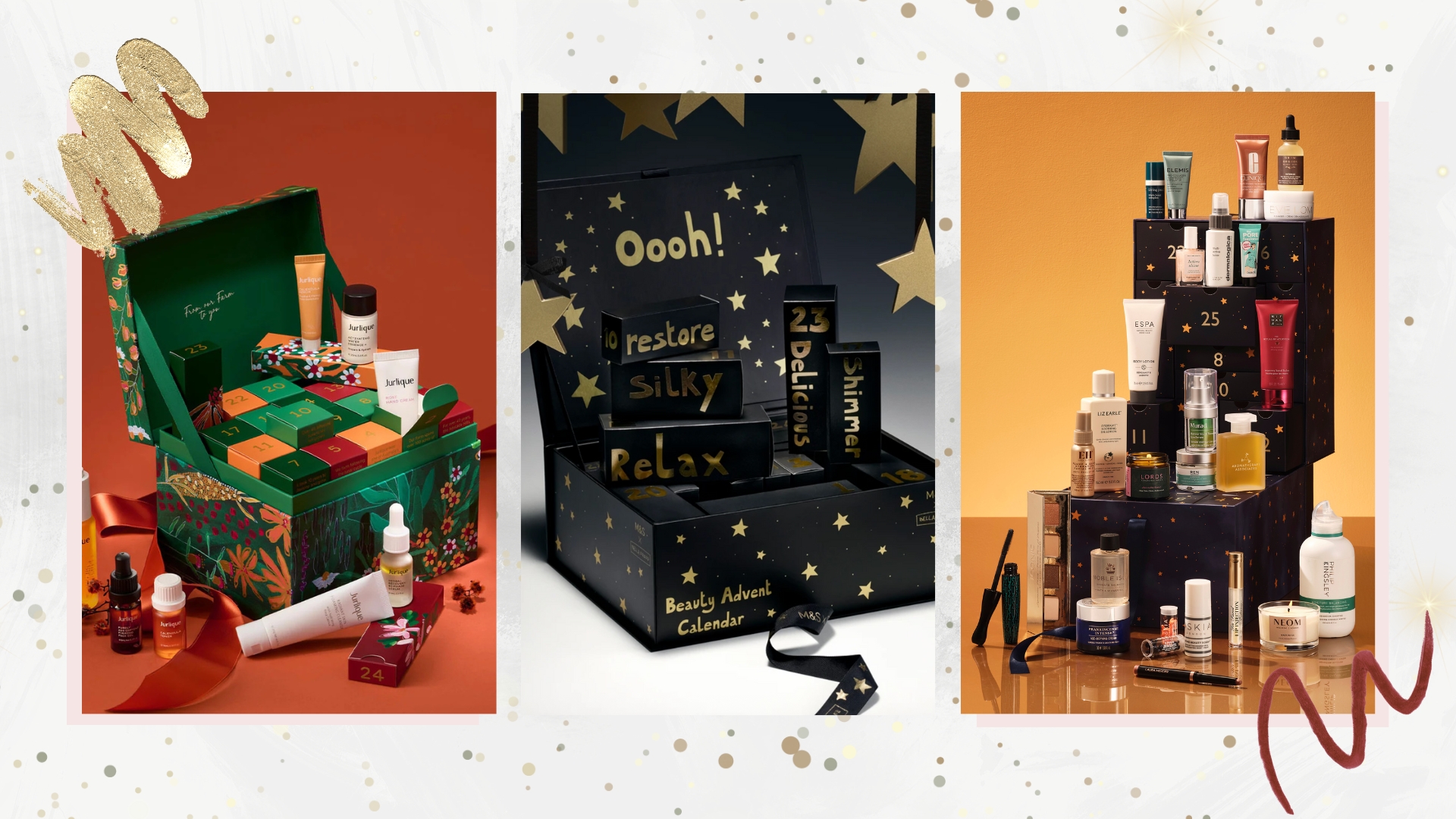 Collage of the best beauty advent calendars of 2025 (L-R) from Jurlique, M&S and Next, on a white and gold glitter background with makeup swatches