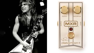MXR Randy Rhoads Special Edition Distortion+: A black and white shot of Randy Rhoads with his Jackson Concorde; on the right, the new signature distortion from MXR in a finish inspired by the guitar.