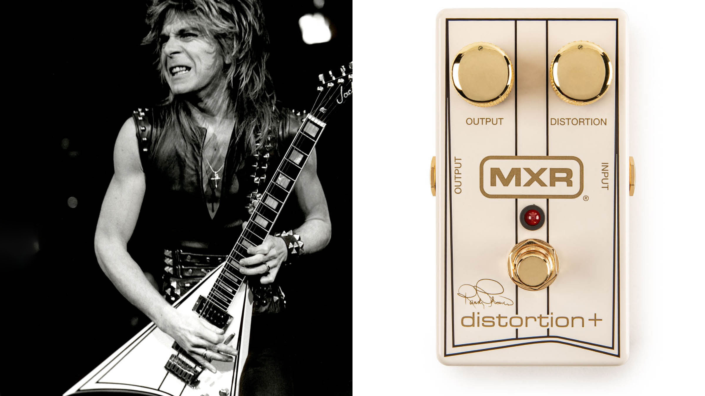MXR Randy Rhoads Special Edition Distortion+: A black and white shot of Randy Rhoads with his Jackson Concorde; on the right, the new signature distortion from MXR in a finish inspired by the guitar.