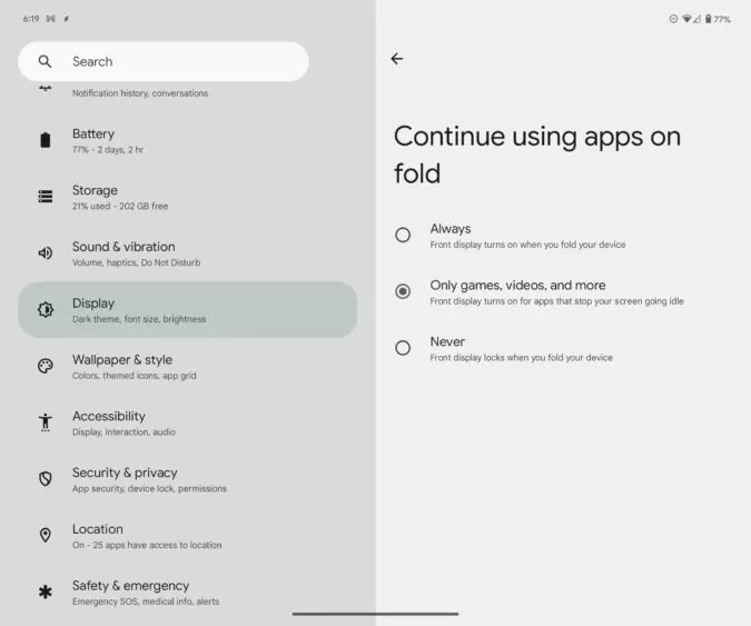 A new “continue using apps on fold” setting on Android 14 QPR1