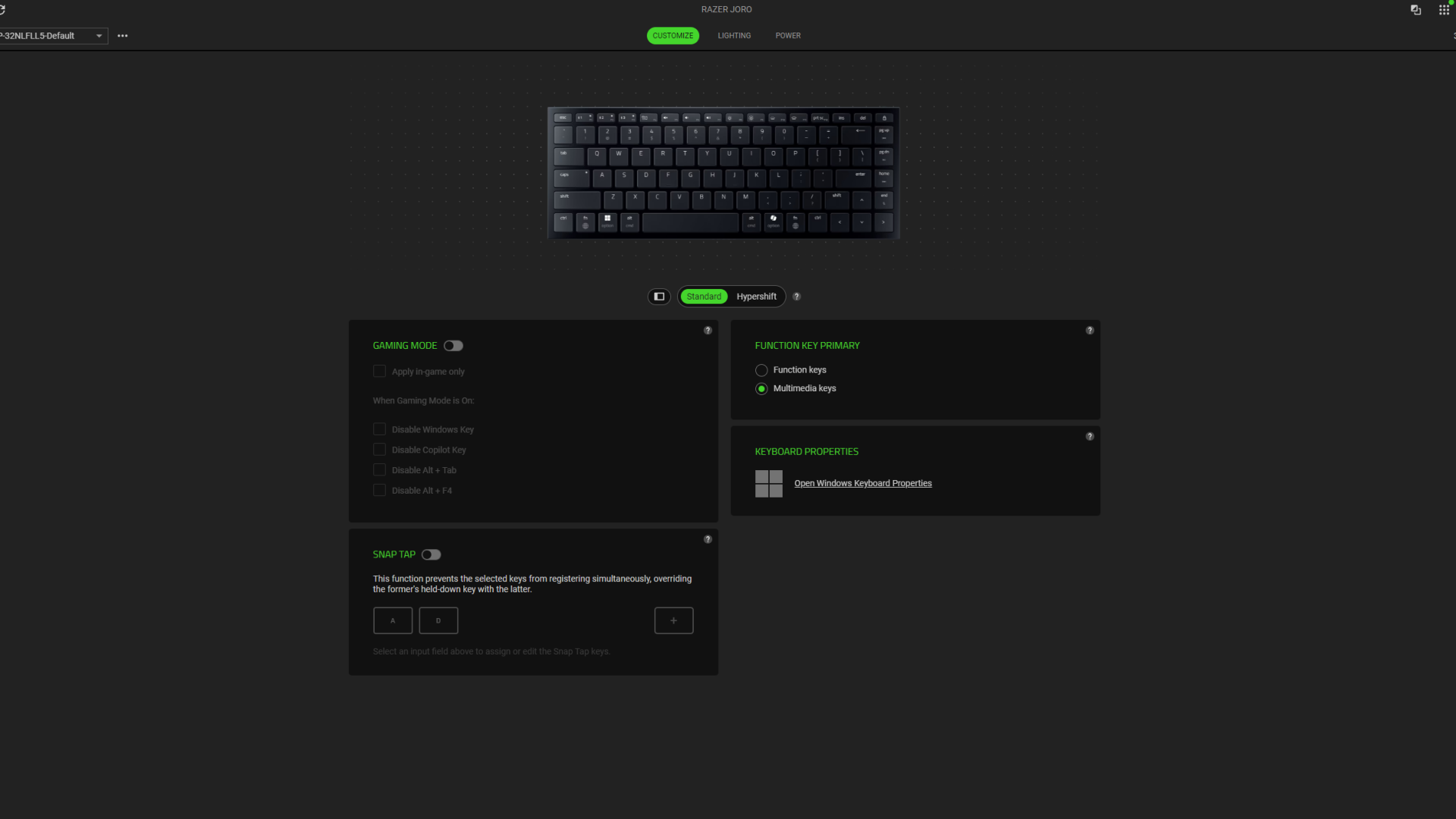 Screenshot of Razer Joro customization options in Razer Synapse software