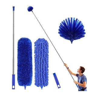 Man holding a telescopic pole with multiple blue cleaning attachments around him